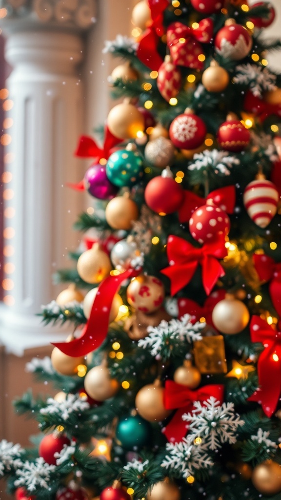 A vibrant Christmas background with a decorated tree and falling snowflakes, perfect for holiday themes.